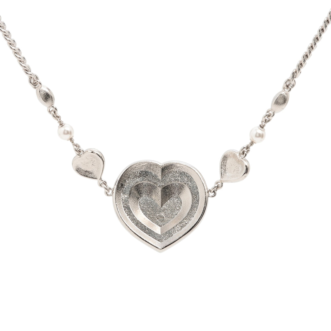 Chanel Argenté Plated CC Rhinestones Heart Pendant Collier Argenté