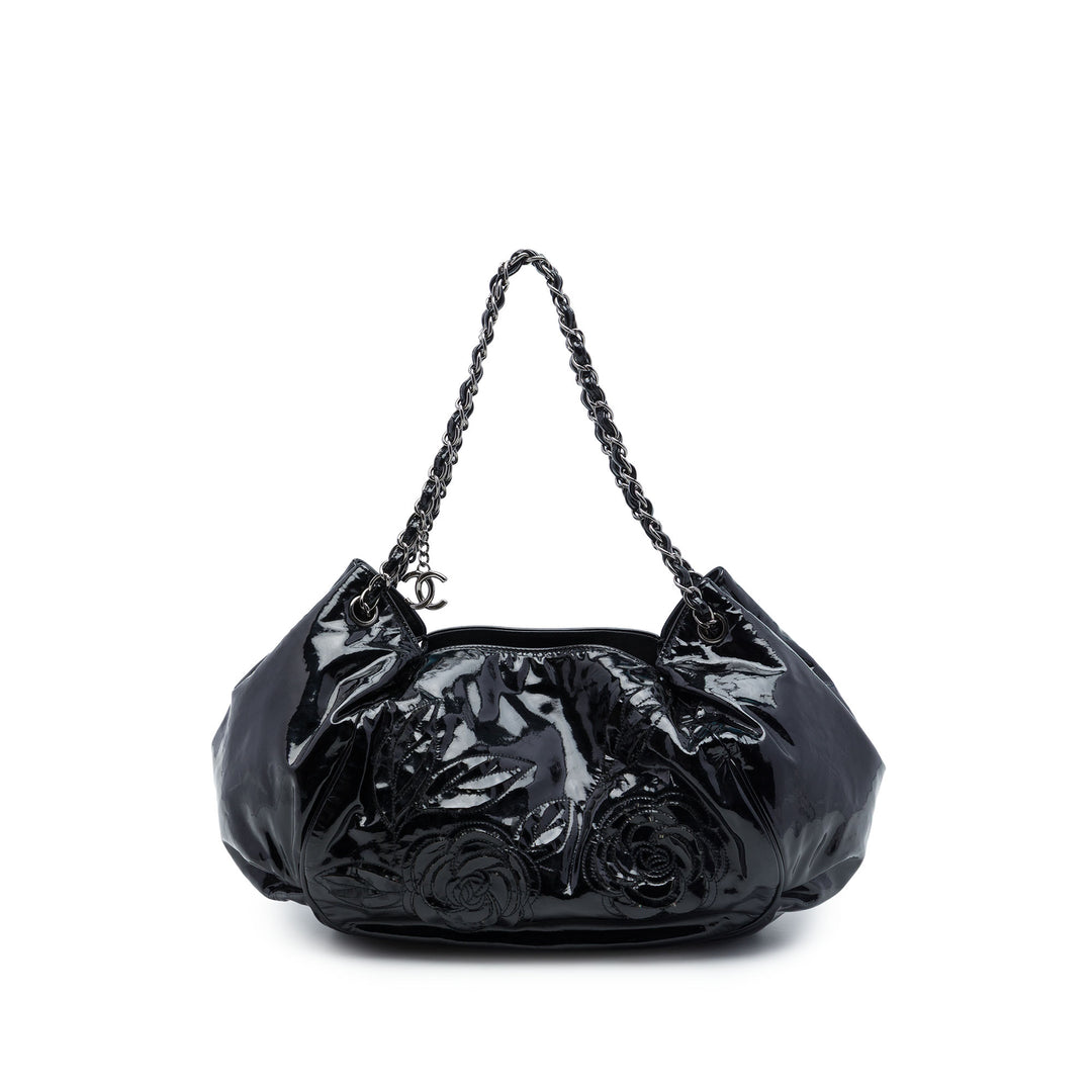 Chanel Cuir verni Accordion Camellia Cabas