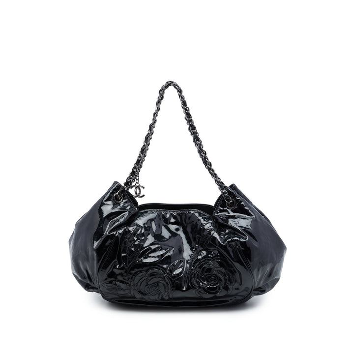 Chanel Cuir verni Accordion Camellia Cabas