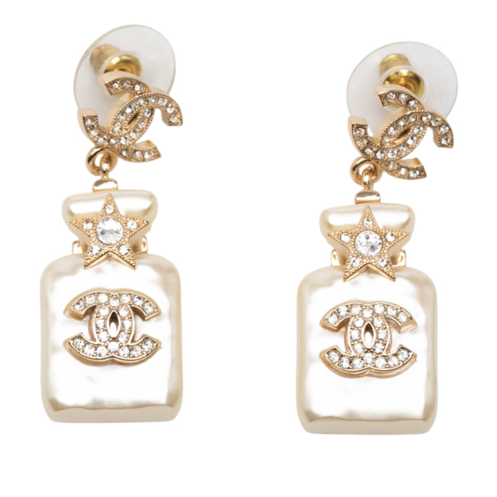Chanel CC plaqué et Resin Perle Cristal Perfume Bottle pendantes Boucles d’oreilles