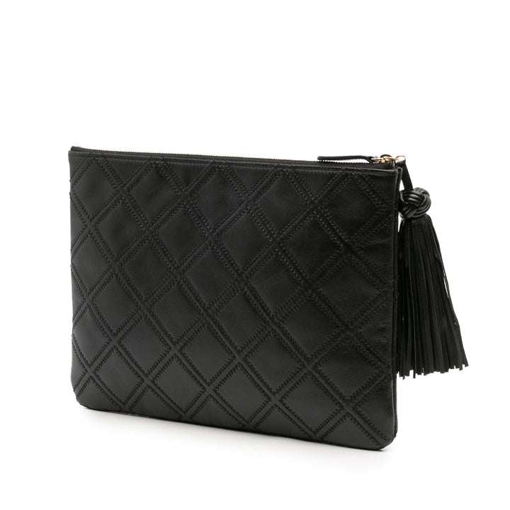 Chanel Medium Quilted Cuir d’agneau Double Stitch Tassel O Étui Pochette Noir