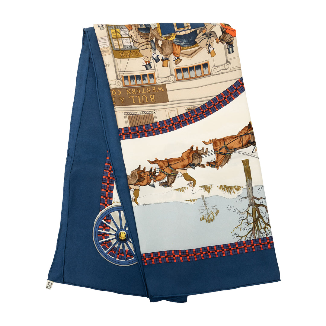Hermès Carré L Hiver En Poste 90 Bleu – vue principale – GABY PARIS