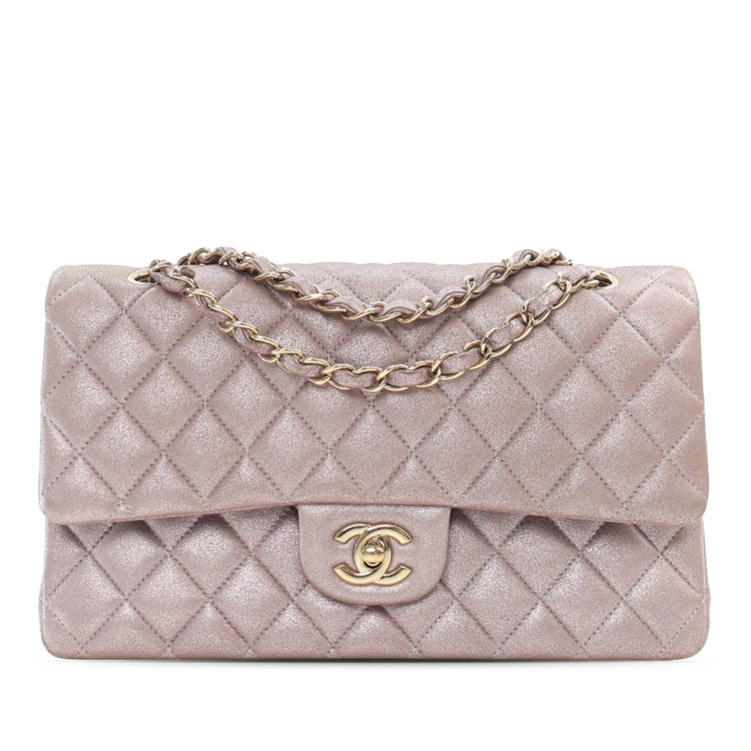 Medium Classic Iridescent Calfskin Double Flap Pink - Gaby Paris