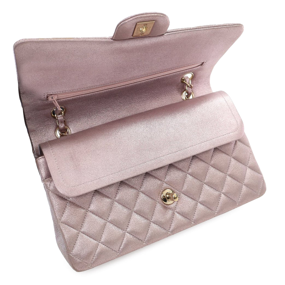 Medium Classic Iridescent Calfskin Double Flap Pink - Gaby Paris