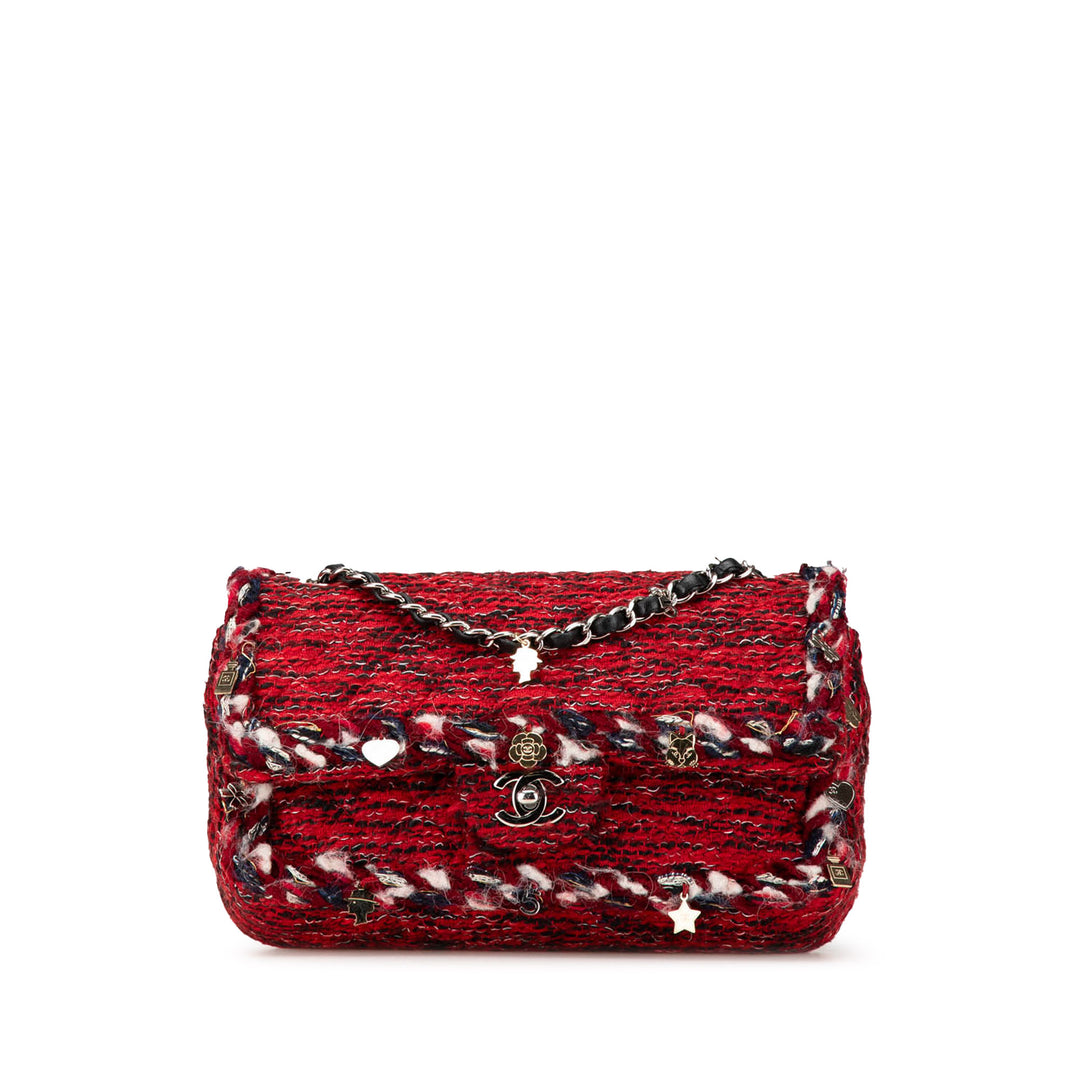 Medium Tweed Braided Charms Double Flap Red - Gaby Paris