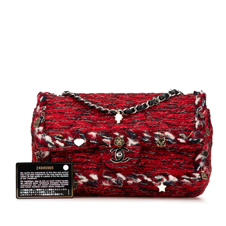 Medium Tweed Braided Charms Double Flap Red - Gaby Paris