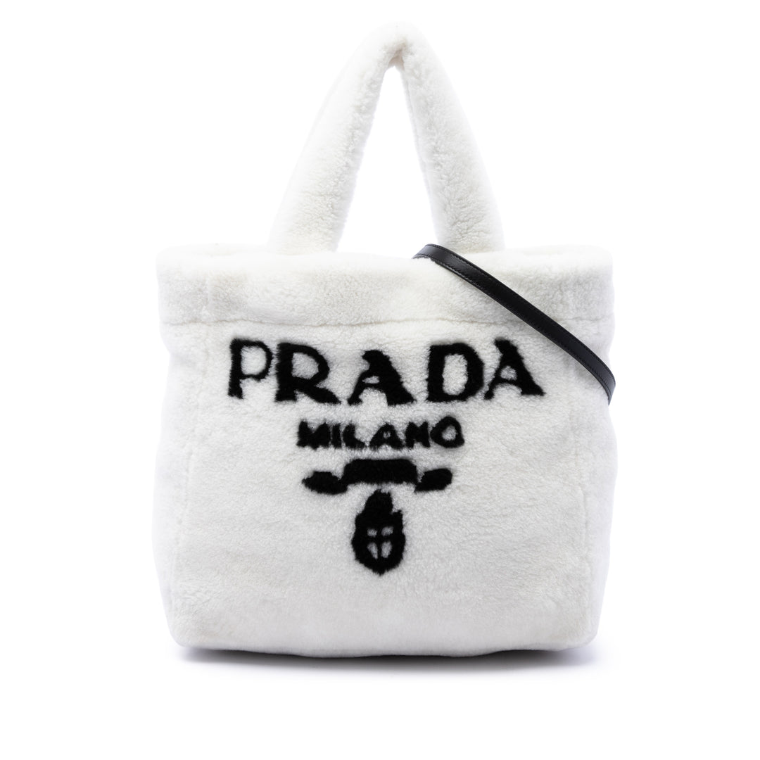 Prada Cabas Shearling Logo Matière naturelle Blanc – vue principale – GABY PARIS