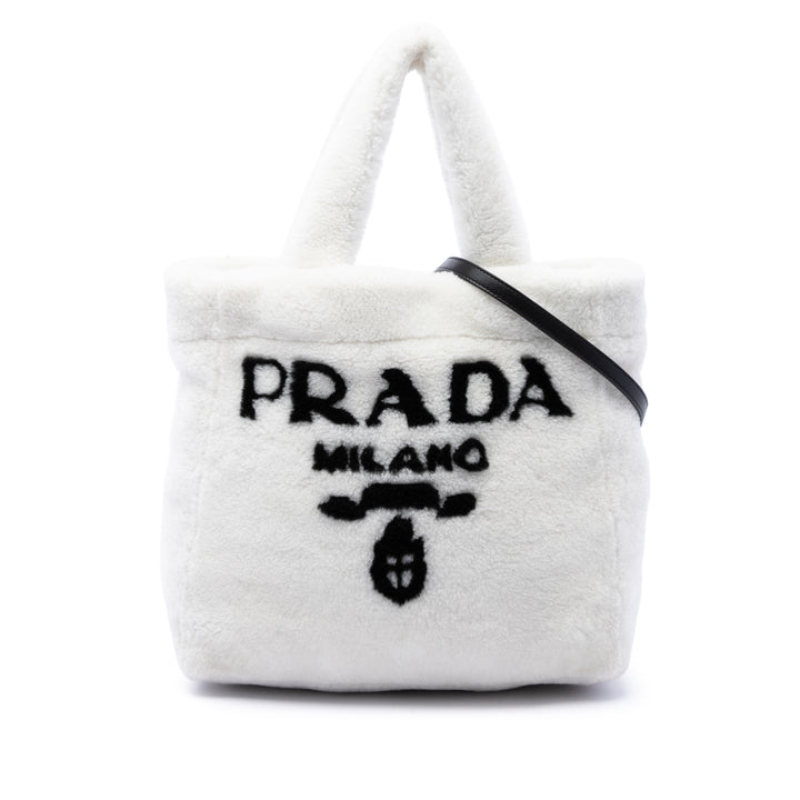 Prada Cabas Shearling Logo Matière naturelle Blanc – vue principale – GABY PARIS