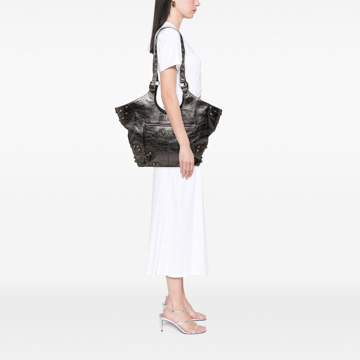 Métallisé froissé Le Cagole Carry All Cabas Moyen Cuir d'agneau Noir