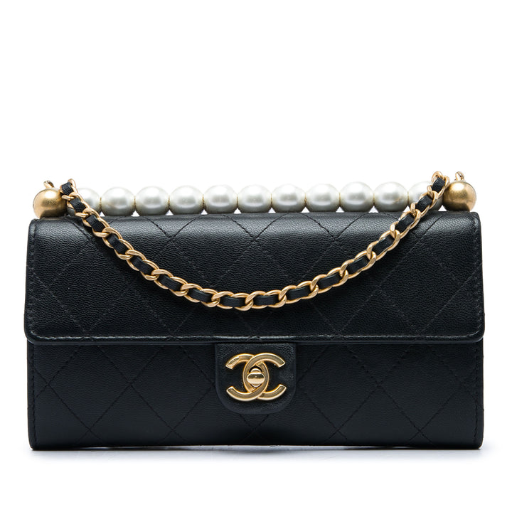 Matelassé Chic Perles Pochette avec chaîne Cuir de chèvre Noir