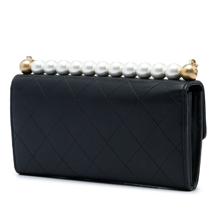 Matelassé Chic Perles Pochette avec chaîne Cuir de chèvre Noir
