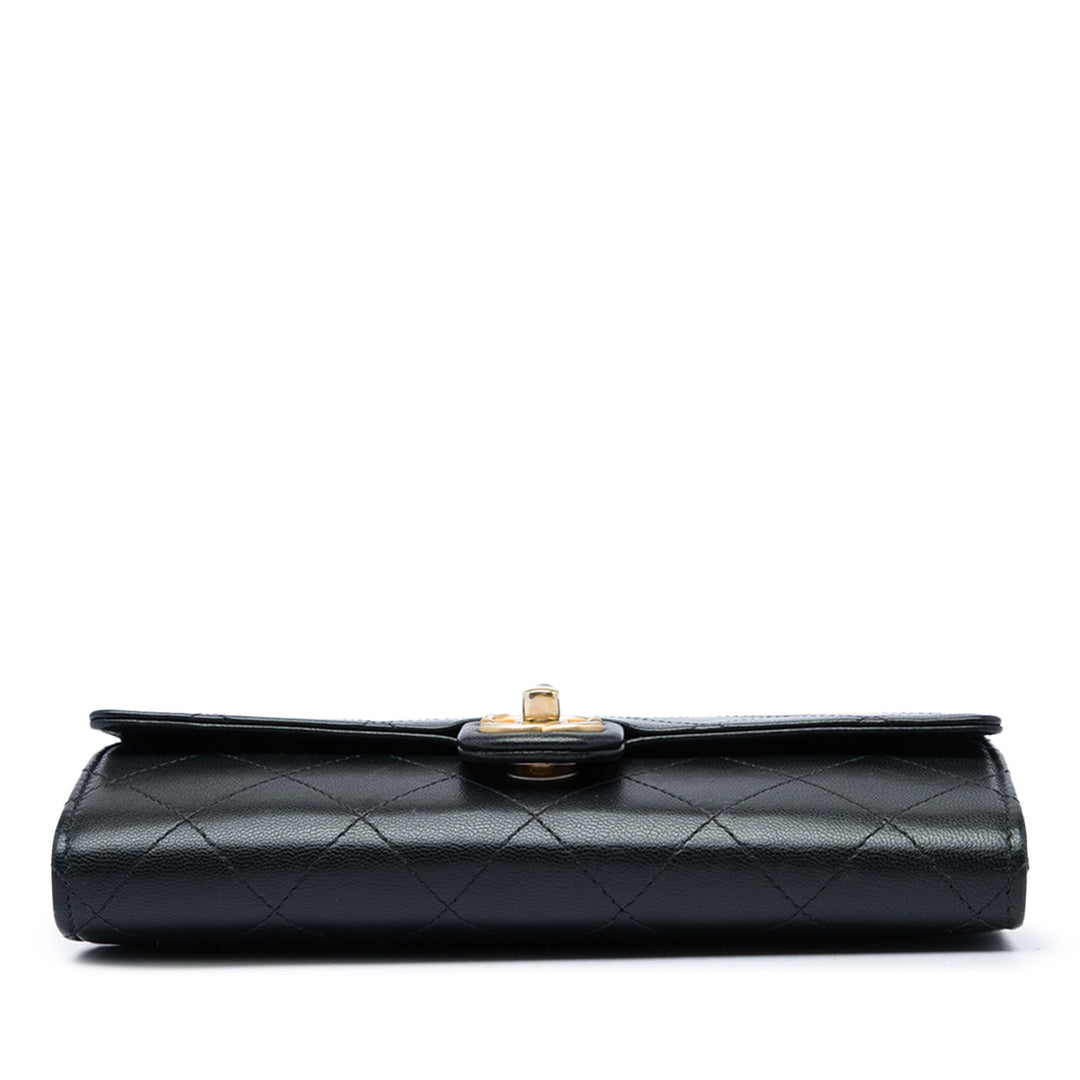 Matelassé Chic Perles Pochette avec chaîne Cuir de chèvre Noir
