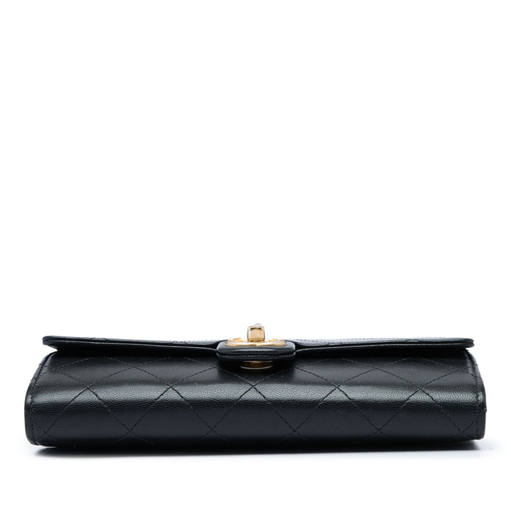 Matelassé Chic Perles Pochette avec chaîne Cuir de chèvre Noir