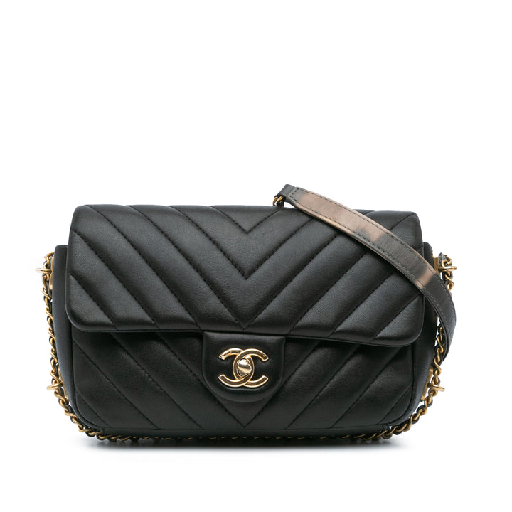 Chanel Rectangulaire Chevron Sac rond à chaîne à rabat Mini Cuir d'agneau