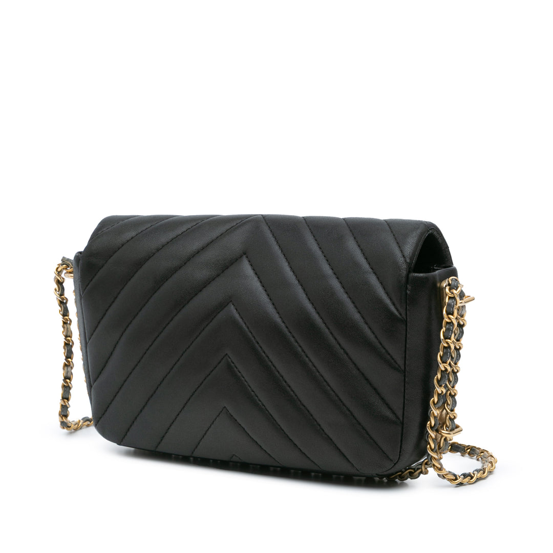 Chanel Rectangulaire Chevron Sac rond à chaîne à rabat Mini Cuir d'agneau