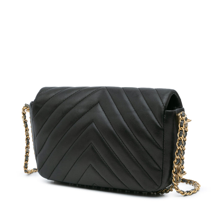 Chanel Rectangulaire Chevron Sac rond à chaîne à rabat Mini Cuir d'agneau