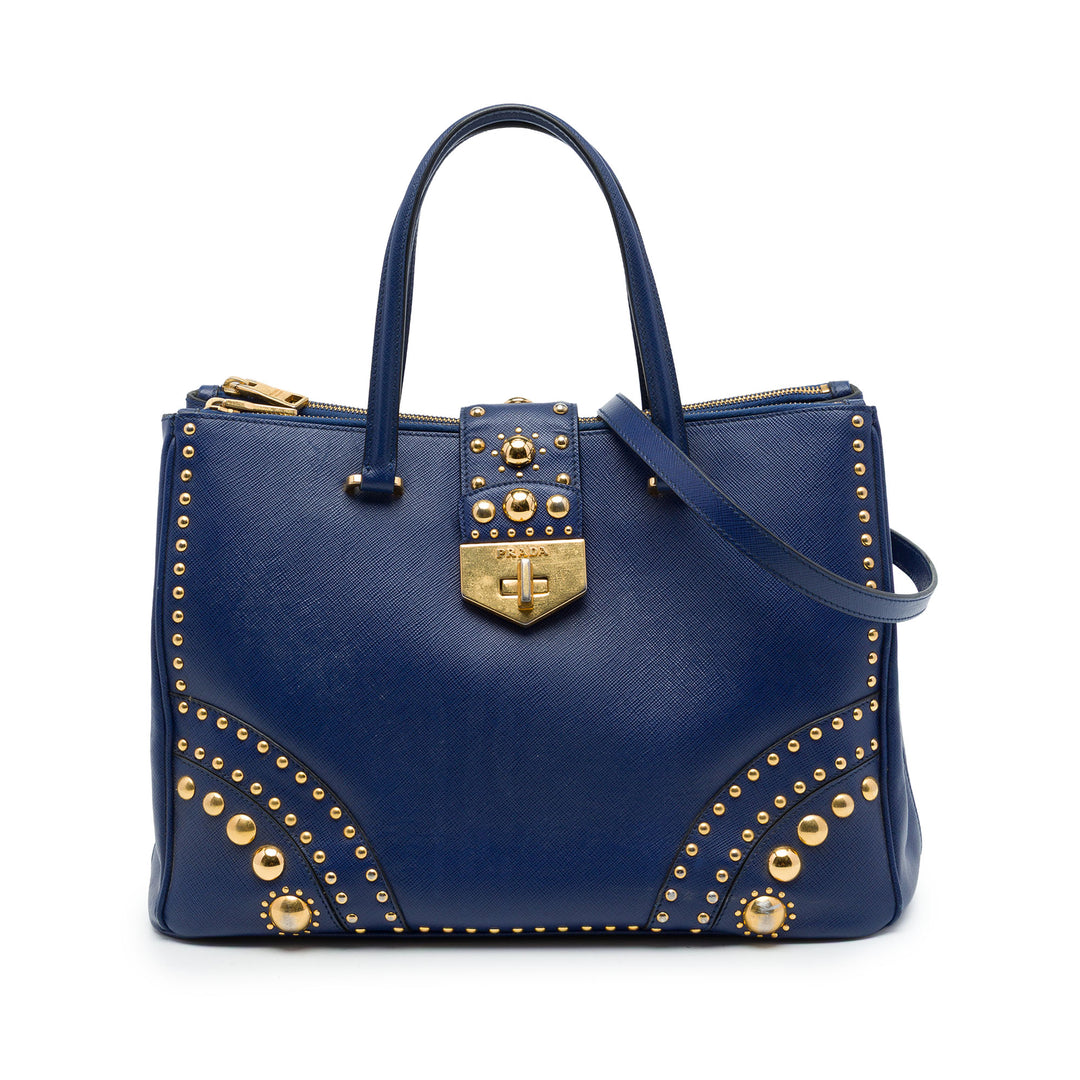 Prada Cabas Fermoir tourniquet Double Zippé clouté Saffiano Bleu – vue principale – GABY PARIS