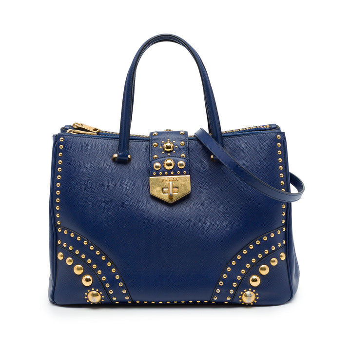 Prada Cabas Fermoir tourniquet Double Zippé clouté Saffiano Bleu – vue principale – GABY PARIS