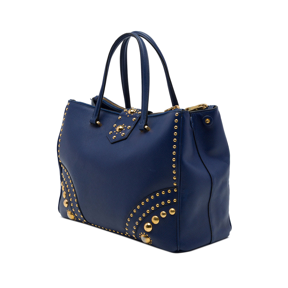 Prada Cabas Fermoir tourniquet Double Zippé clouté Saffiano Bleu – vue 2 – GABY PARIS