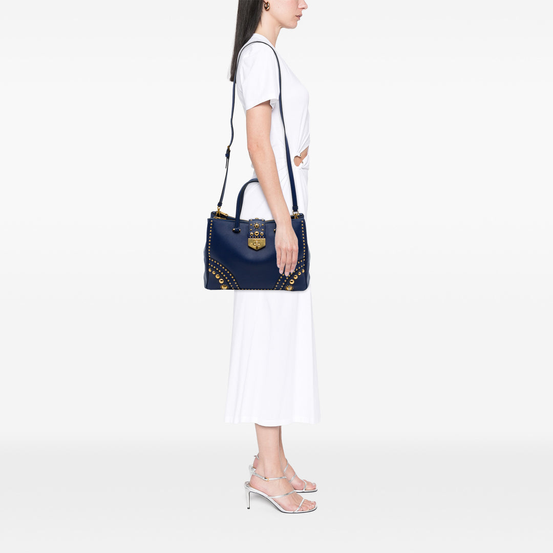 Prada Cabas Fermoir tourniquet Double Zippé clouté Saffiano Bleu – vue 6 – GABY PARIS