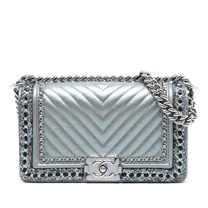 Chanel Old Medium Chevron Cuir d’agneau et Braided Tweed Jacket Boy à rabat