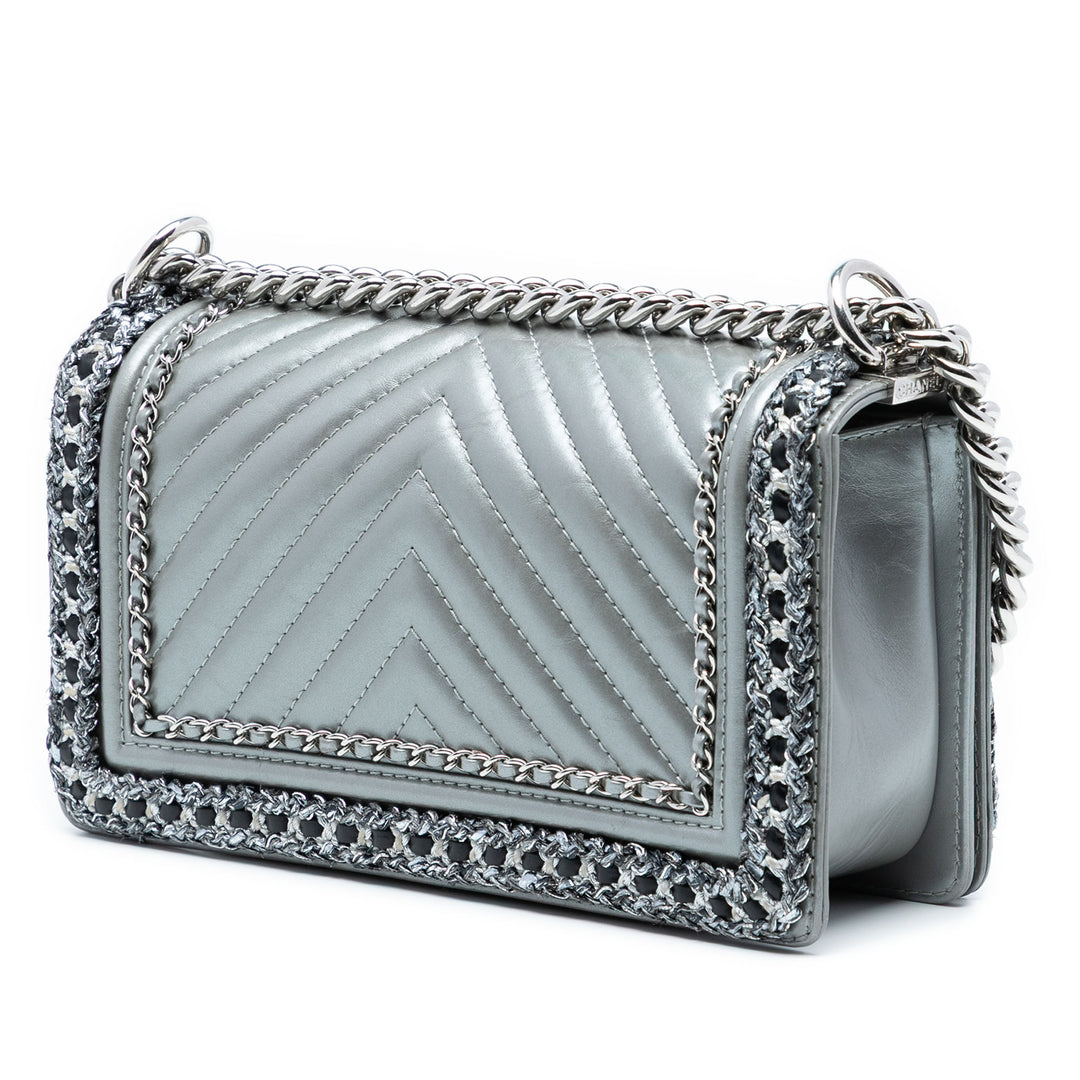 Chanel Old Medium Chevron Cuir d’agneau et Braided Tweed Jacket Boy à rabat