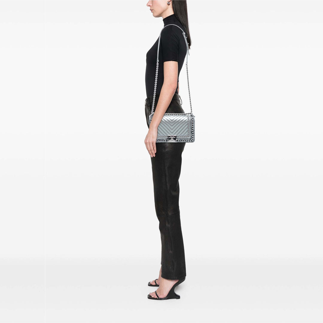 Chanel Old Medium Chevron Cuir d’agneau et Braided Tweed Jacket Boy à rabat