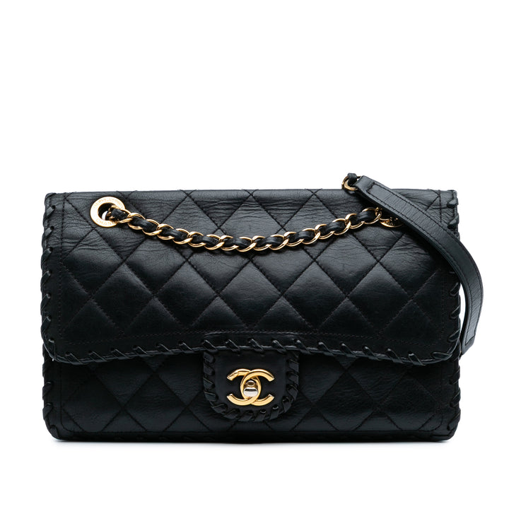 Quilted Lambskin Whipstitch Single Flap Black - Gaby Paris