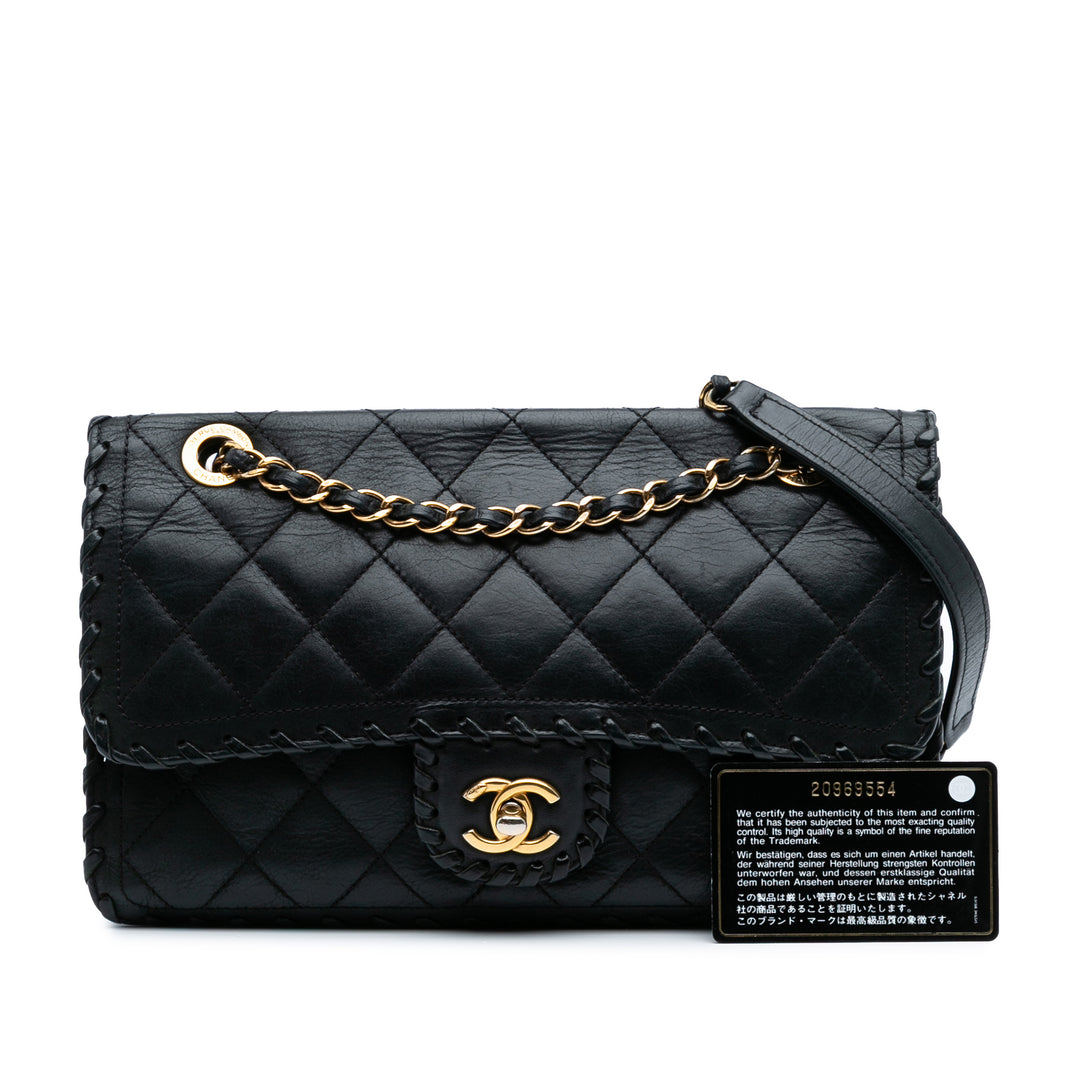 Quilted Lambskin Whipstitch Single Flap Black - Gaby Paris