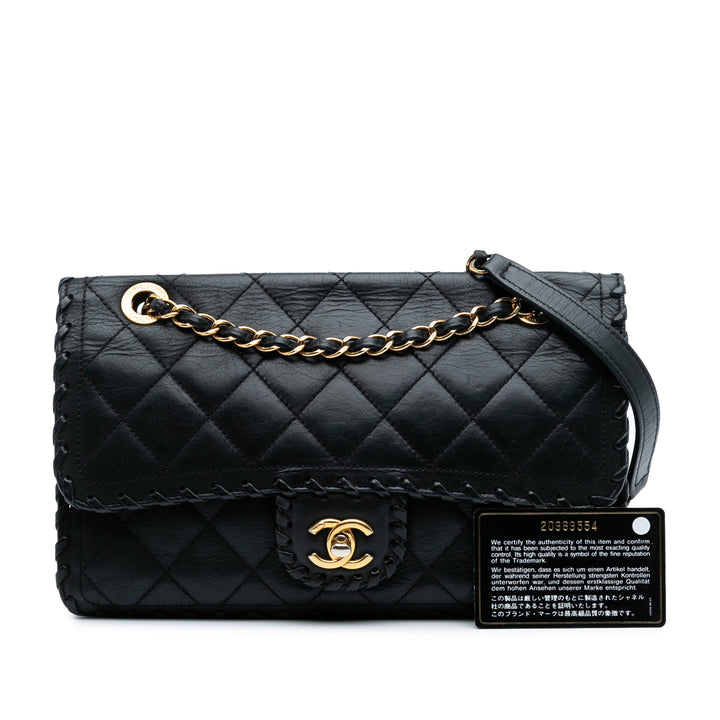 Quilted Lambskin Whipstitch Single Flap Black - Gaby Paris