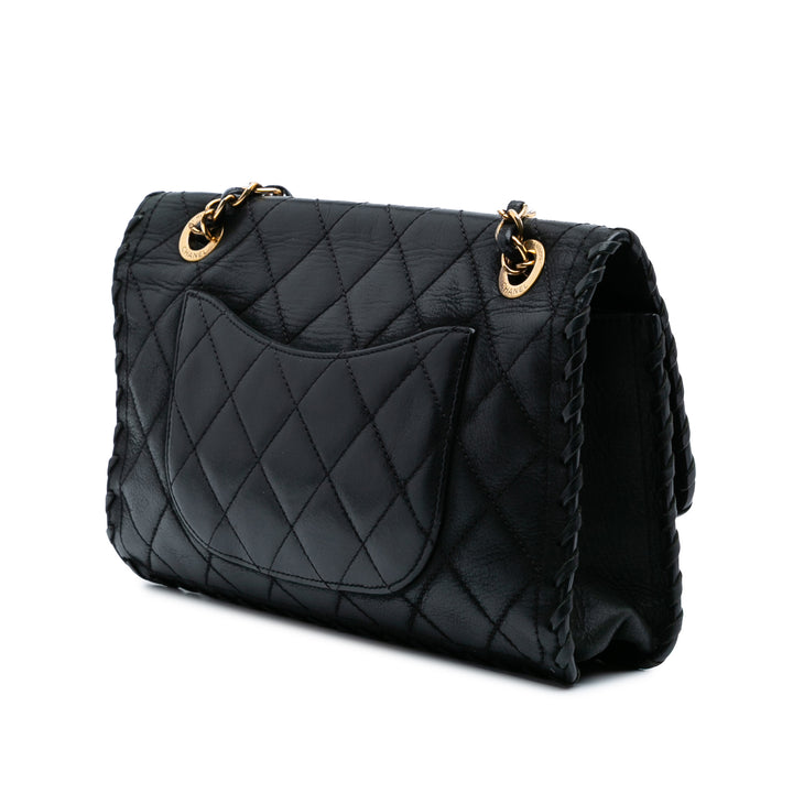 Quilted Lambskin Whipstitch Single Flap Black - Gaby Paris