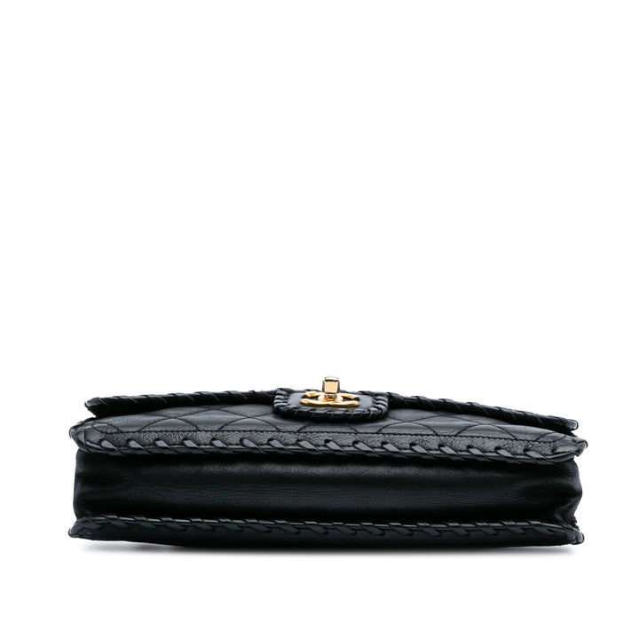 Quilted Lambskin Whipstitch Single Flap Black - Gaby Paris