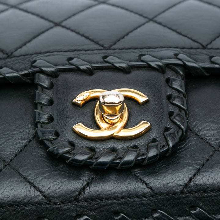 Quilted Lambskin Whipstitch Single Flap Black - Gaby Paris
