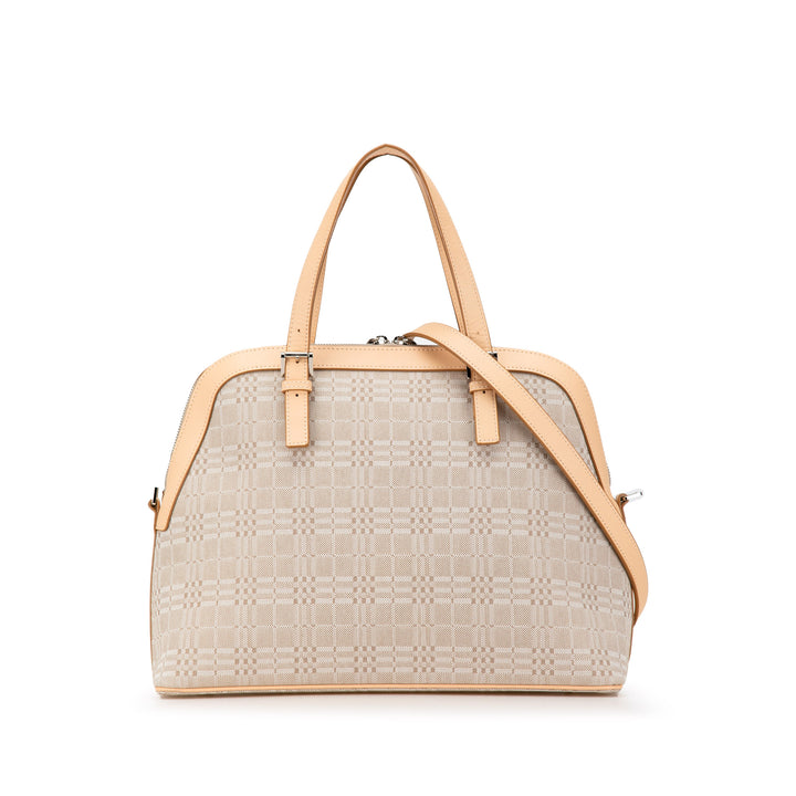 Leather Trimmed Canvas Dome Satchel Brown - Gaby Paris