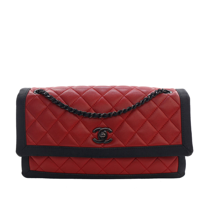 Chanel CC Bicolore Matelassé Grosgrain Rabat simple Moyen Cuir d'agneau