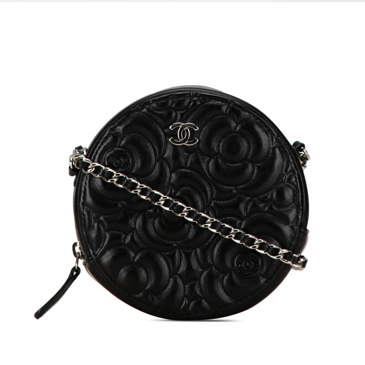 Goatskin Camellia Round Clutch with Chain Black - Gaby Paris