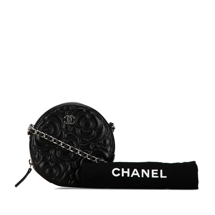 Goatskin Camellia Round Clutch with Chain Black - Gaby Paris