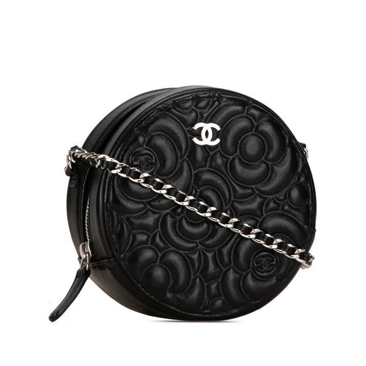 Goatskin Camellia Round Clutch with Chain Black - Gaby Paris