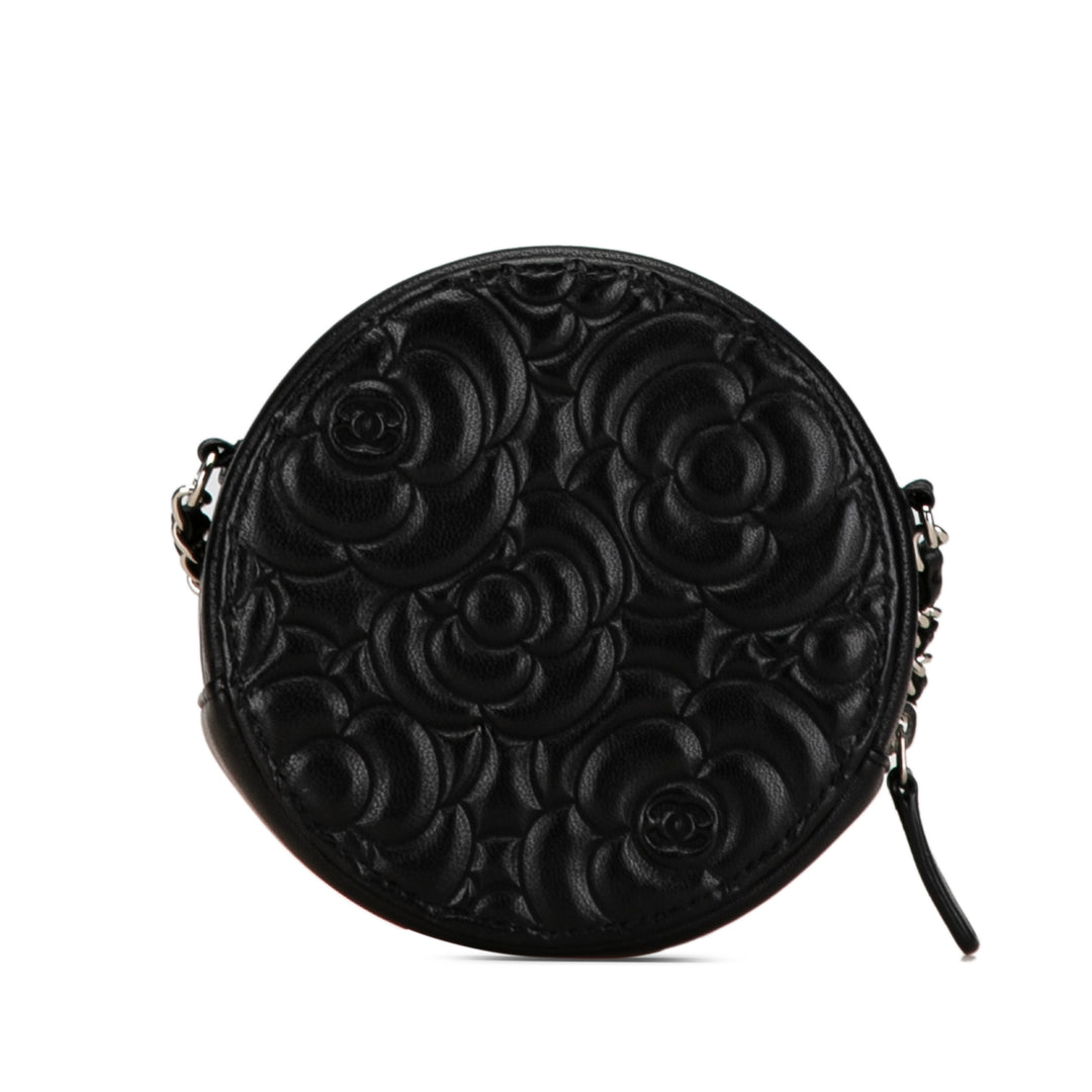 Goatskin Camellia Round Clutch with Chain Black - Gaby Paris