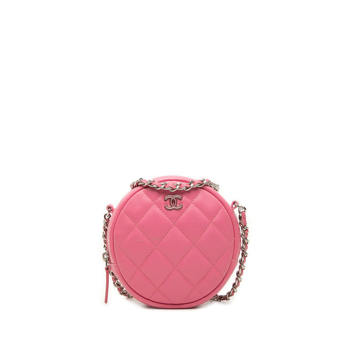 CC Matelassé Rond Pochette avec chaîne Cuir d'agneau Rose