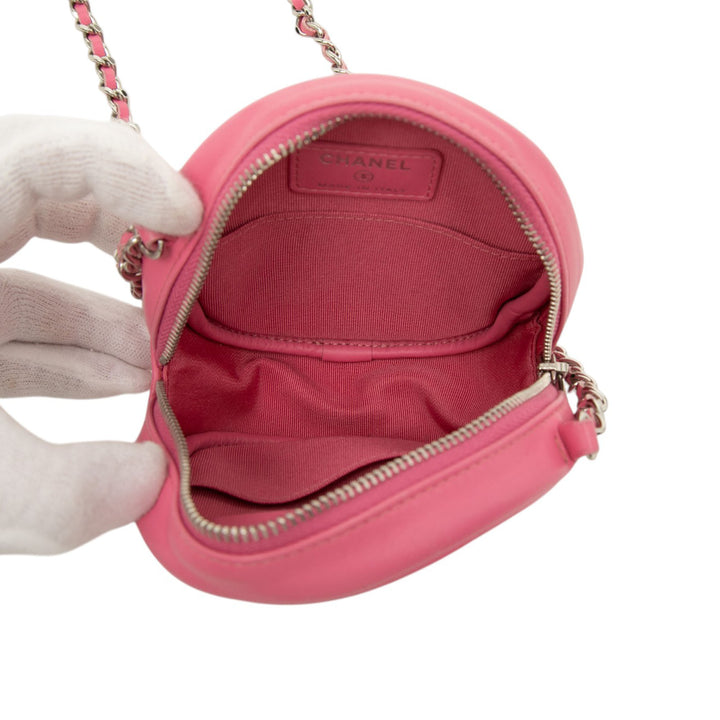 CC Matelassé Rond Pochette avec chaîne Cuir d'agneau Rose