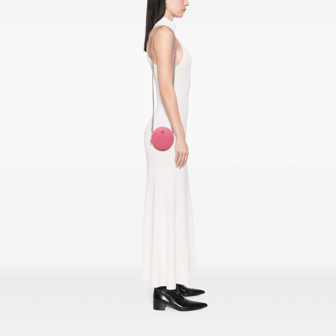 CC Matelassé Rond Pochette avec chaîne Cuir d'agneau Rose