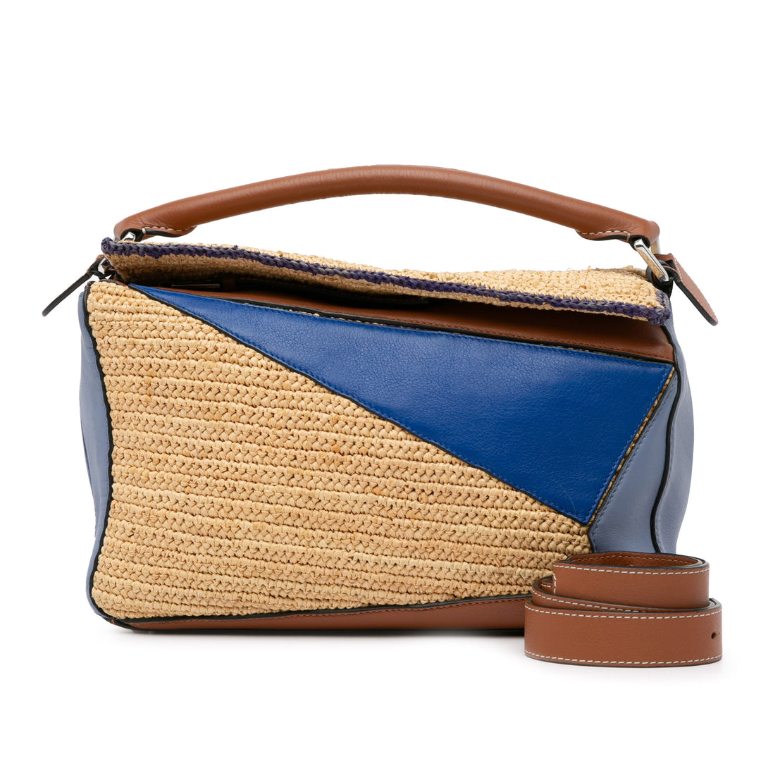 Medium Multicolor Leather and Raffia Puzzle Satchel Blue - Gaby Paris