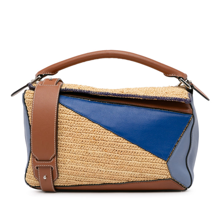 Medium Multicolor Leather and Raffia Puzzle Satchel Blue - Gaby Paris