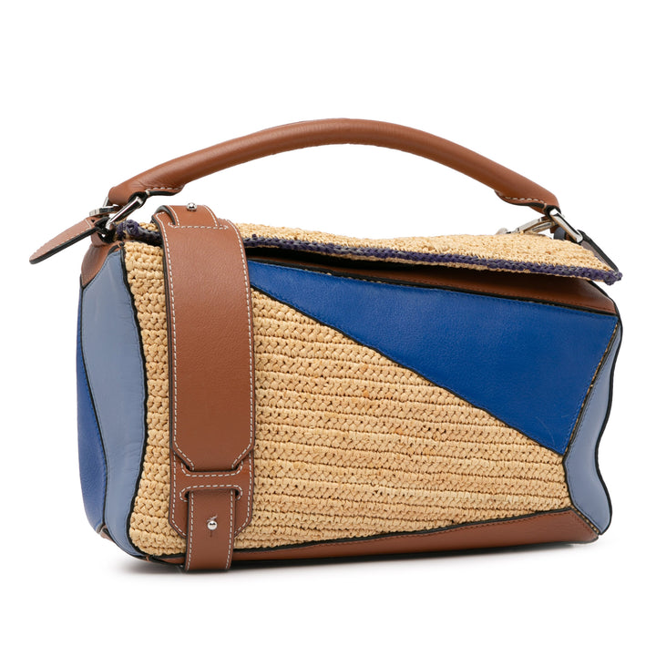 Medium Multicolor Leather and Raffia Puzzle Satchel Blue - Gaby Paris