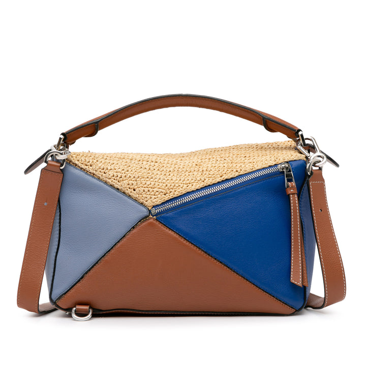 Medium Multicolor Leather and Raffia Puzzle Satchel Blue - Gaby Paris