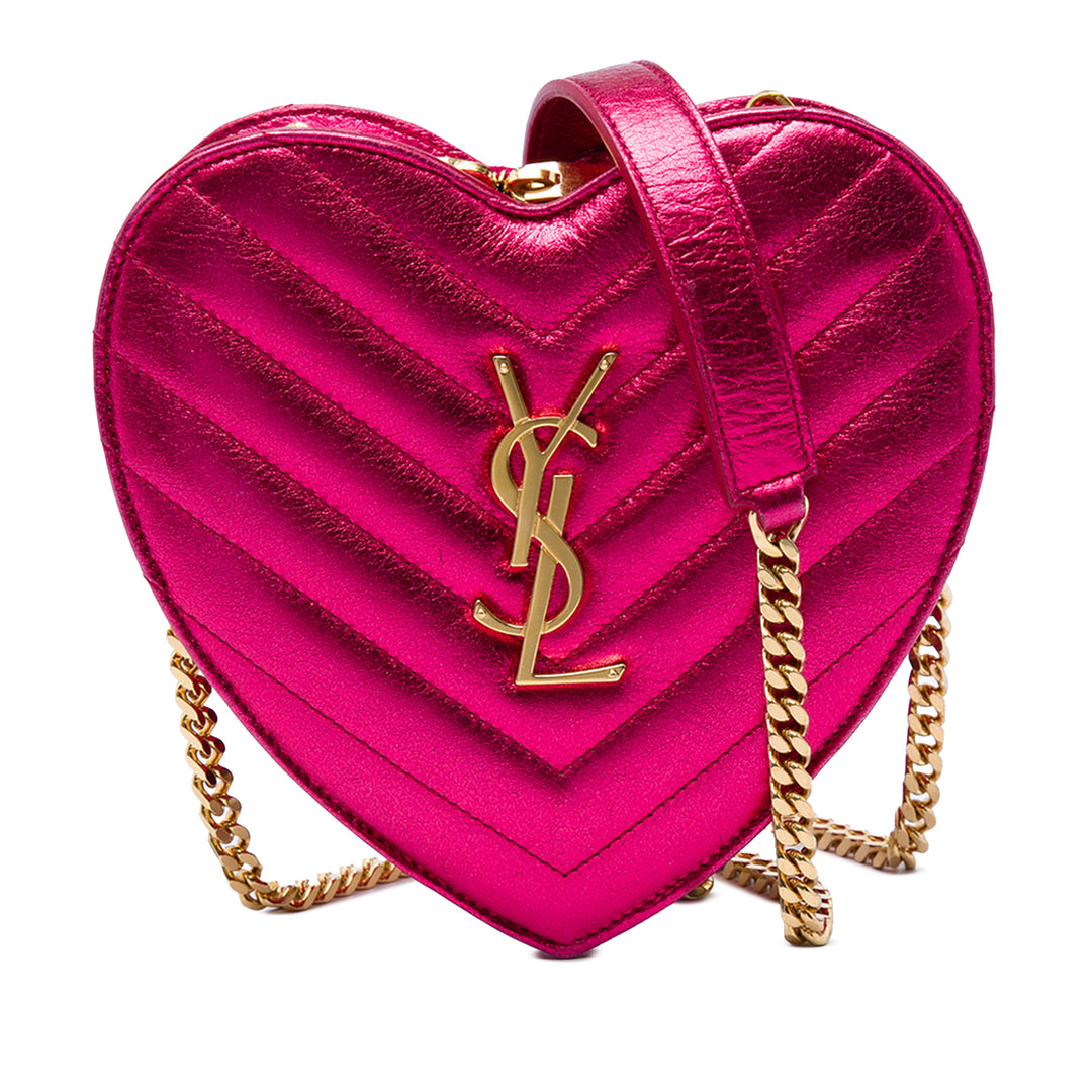 Saint Laurent Chevron Métallisé Love Heart Sac à chaîne Mini Rose – vue principale – GABY PARIS