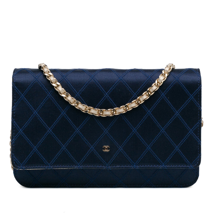 Satin Diamond Stitch Wallet On Chain Blue - Gaby Paris