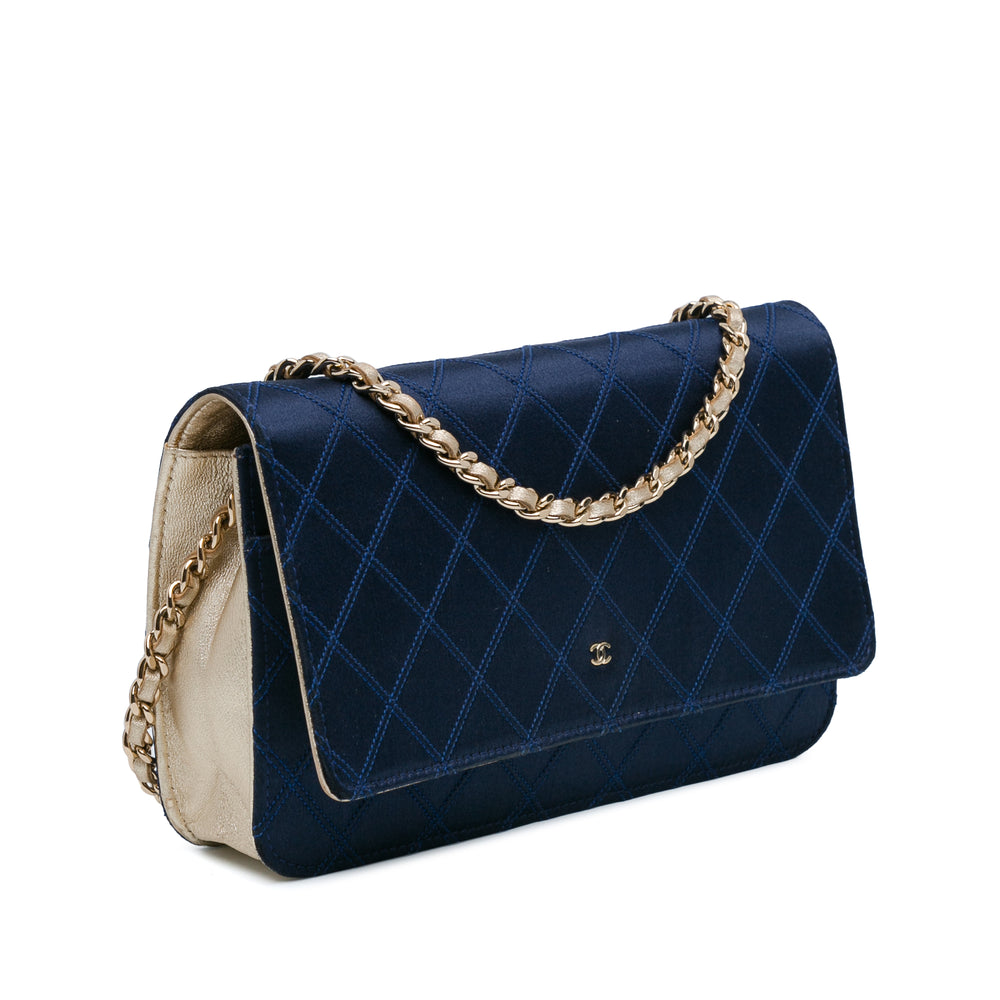 Satin Diamond Stitch Wallet On Chain Blue - Gaby Paris