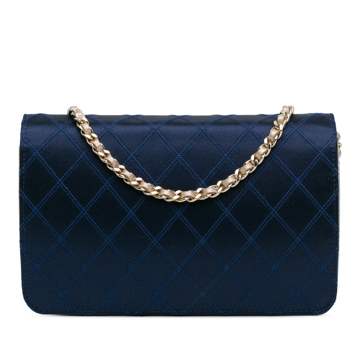 Satin Diamond Stitch Wallet On Chain Blue - Gaby Paris